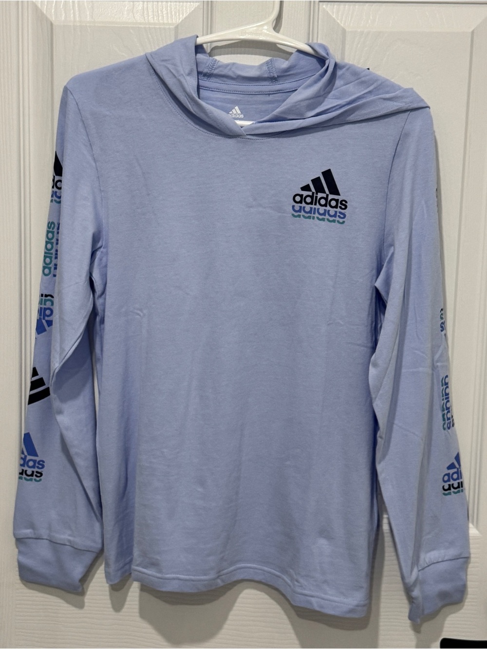 adidas Boys Logo Hooded Long Sleeve Tee Blue M 10/12 NWT V126967